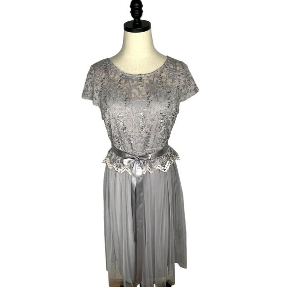 1950's VINTAGE 6 Stretch Lace Tulle Fit & Flare Midi Dres Sequin Gray Silver EUC - Picture 2 of 12
